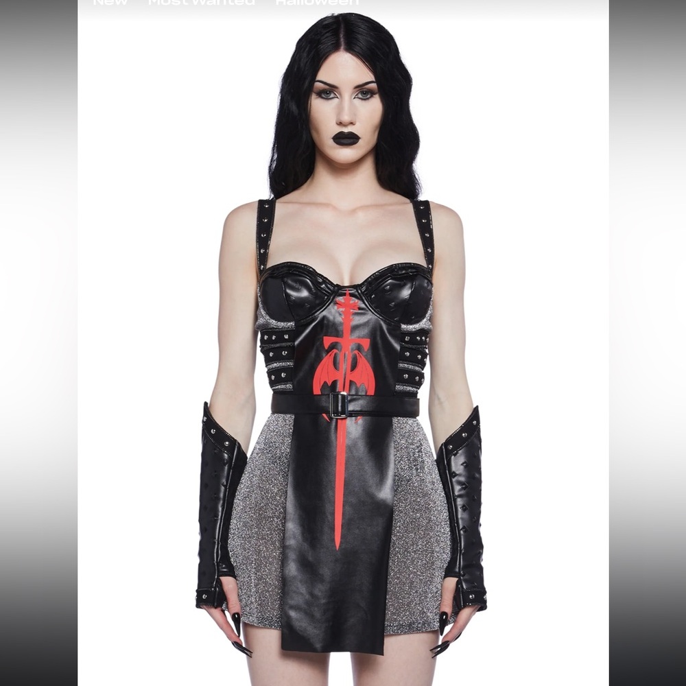 DOLLS KILL TRICKZ N’ TREATS Black and Red Gothic Dress with Arm Cuffs